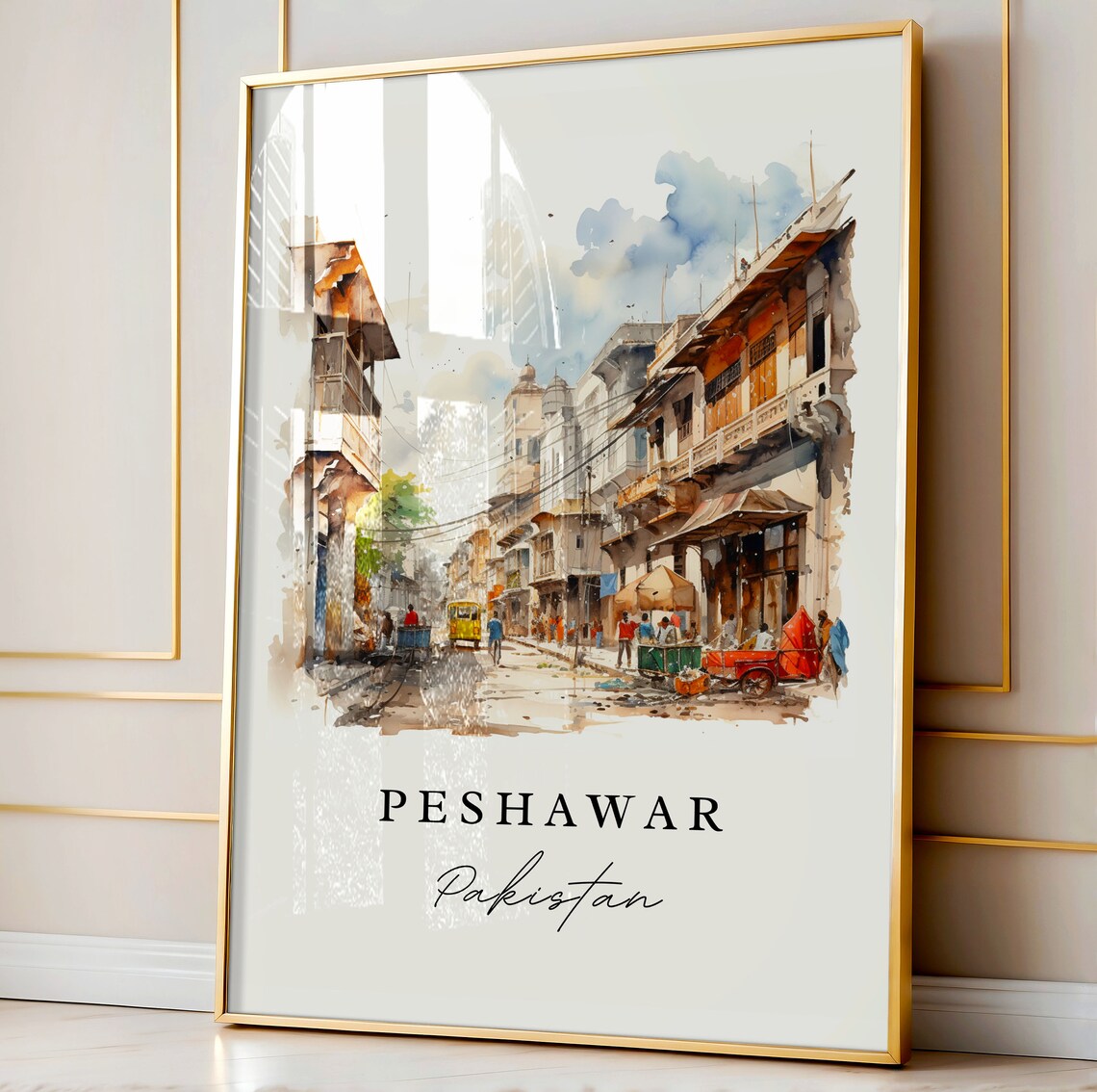 Peshawar Pakistan Watercolor Old City Bazaar Street Scene Poster - Image 4