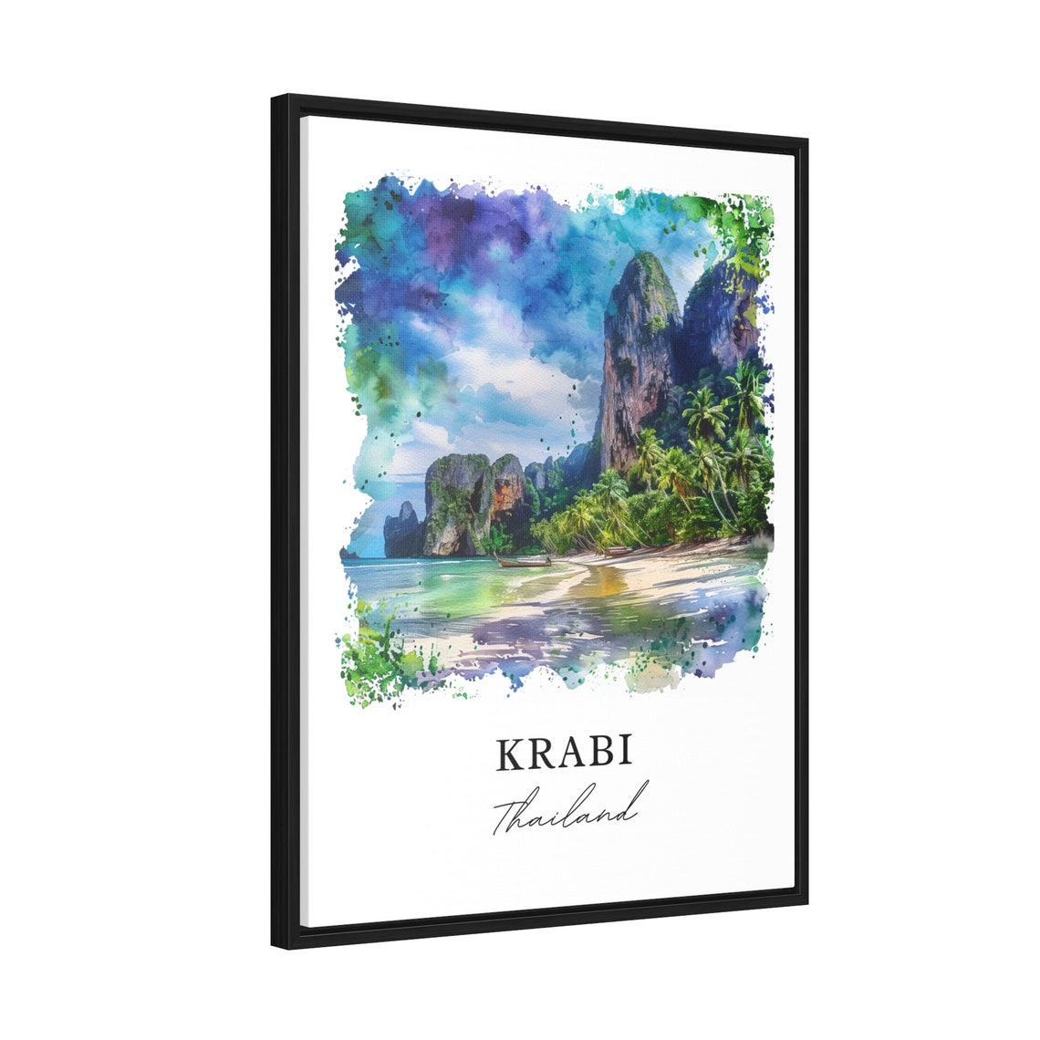 Krabi Thailand Watercolor Limestone Cliffs Beach Boat Scene Poster - Image 2