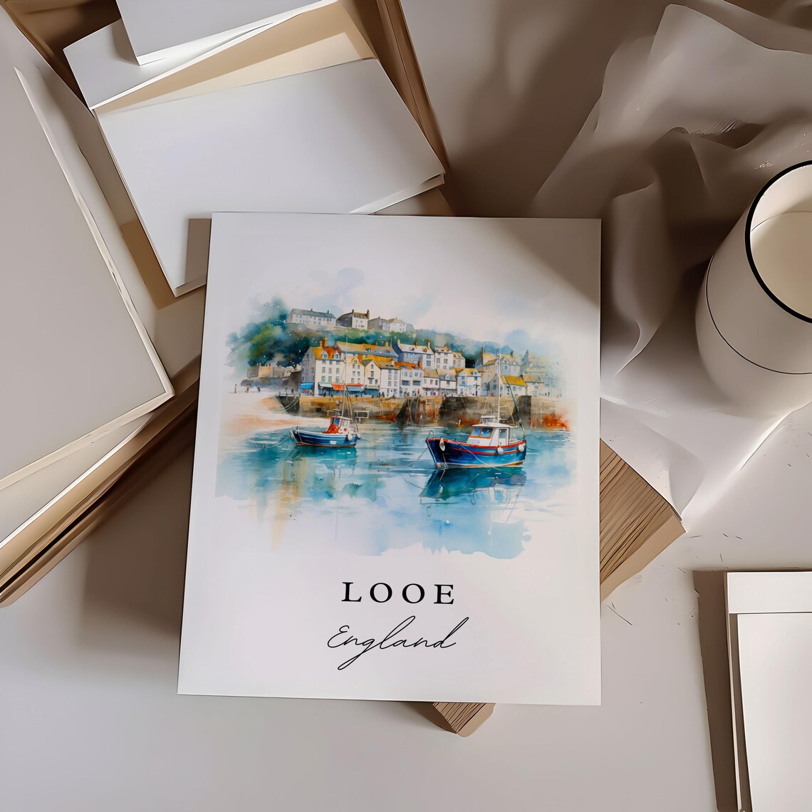 Looe England Fishing Harbor Boats Watercolor Coastal Travel Poster - Image 5