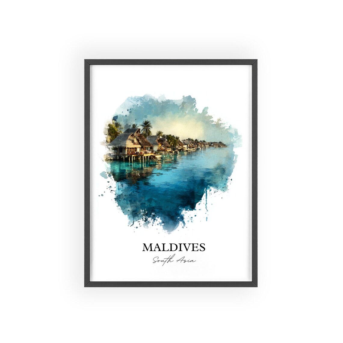 Maldives South Asia Overwater Bungalows Lagoon Watercolor Poster - Image 2
