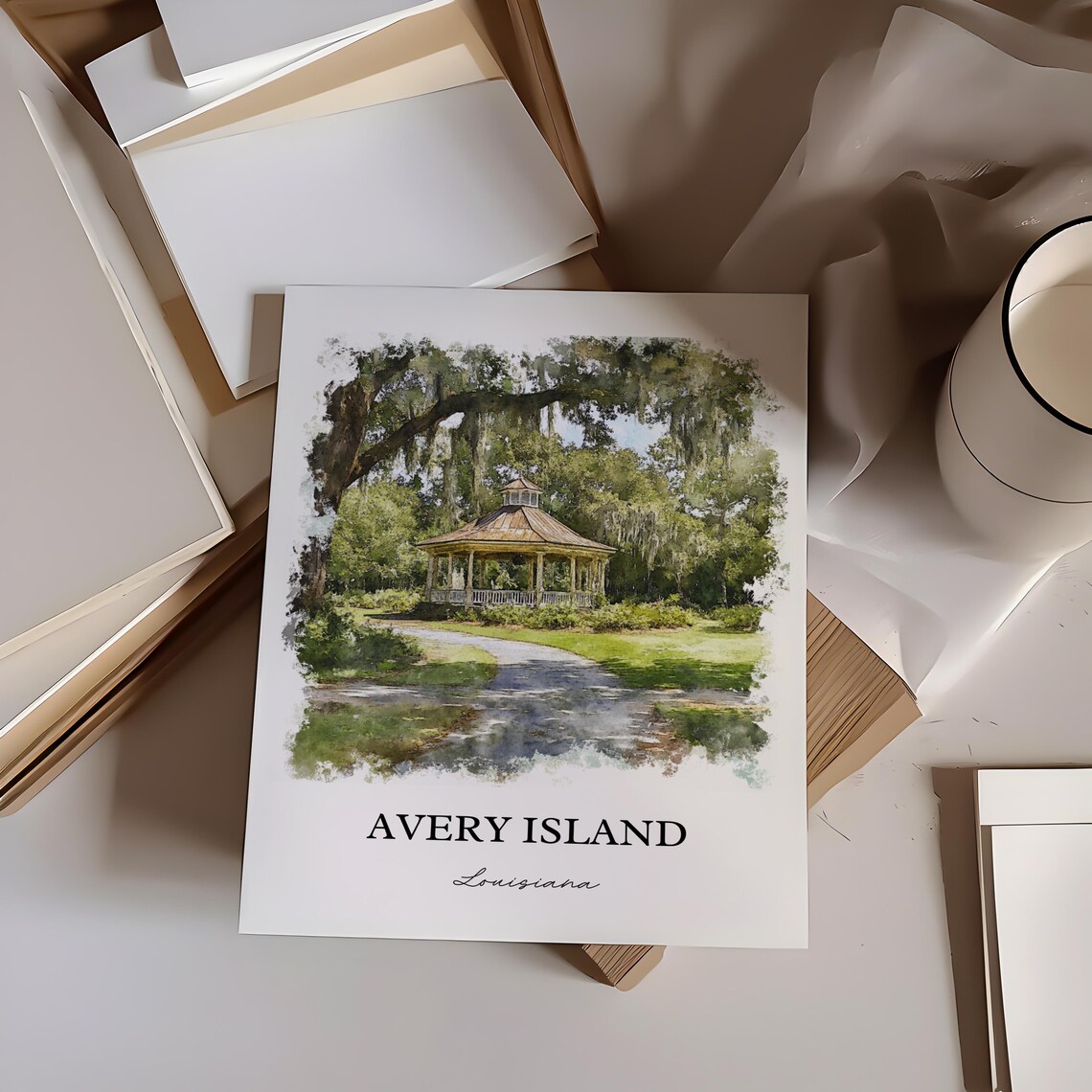 Avery Island Louisiana Watercolor Garden Gazebo Scene Art Poster - Image 2