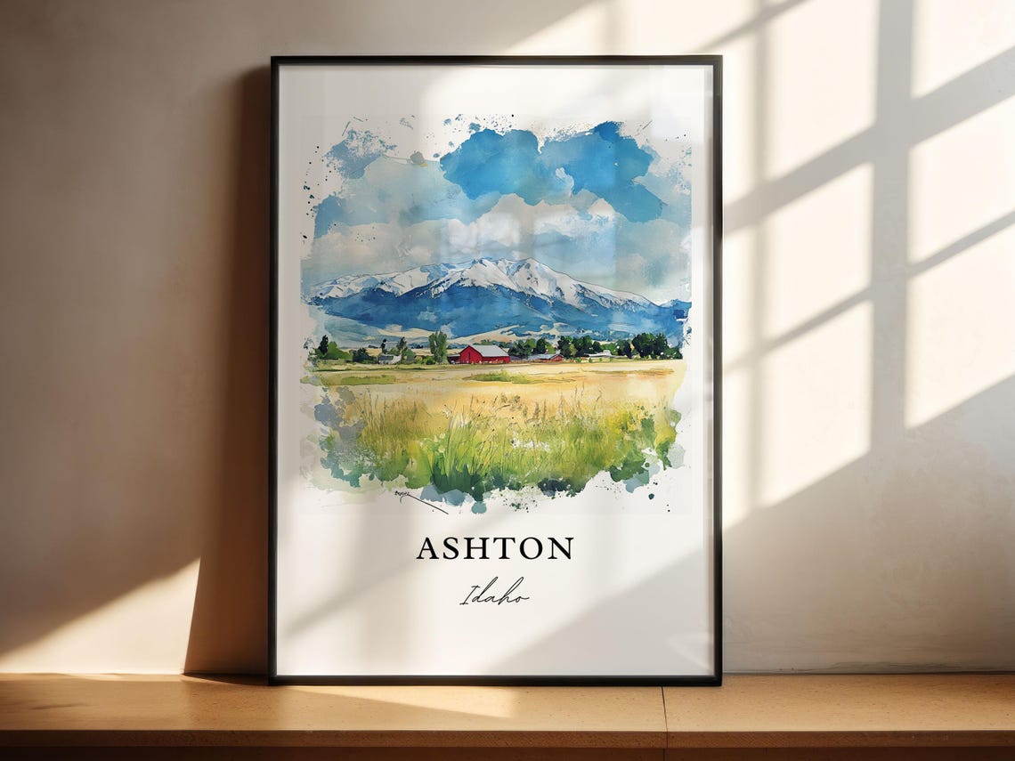 Ashton Idaho Classic Red Barn Snowy Mountain Farm Watercolor Poster