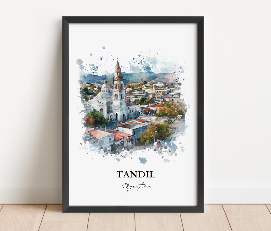 Tandil Argentina Cathedral Watercolor Town Skyline Scene Poster - Image 2