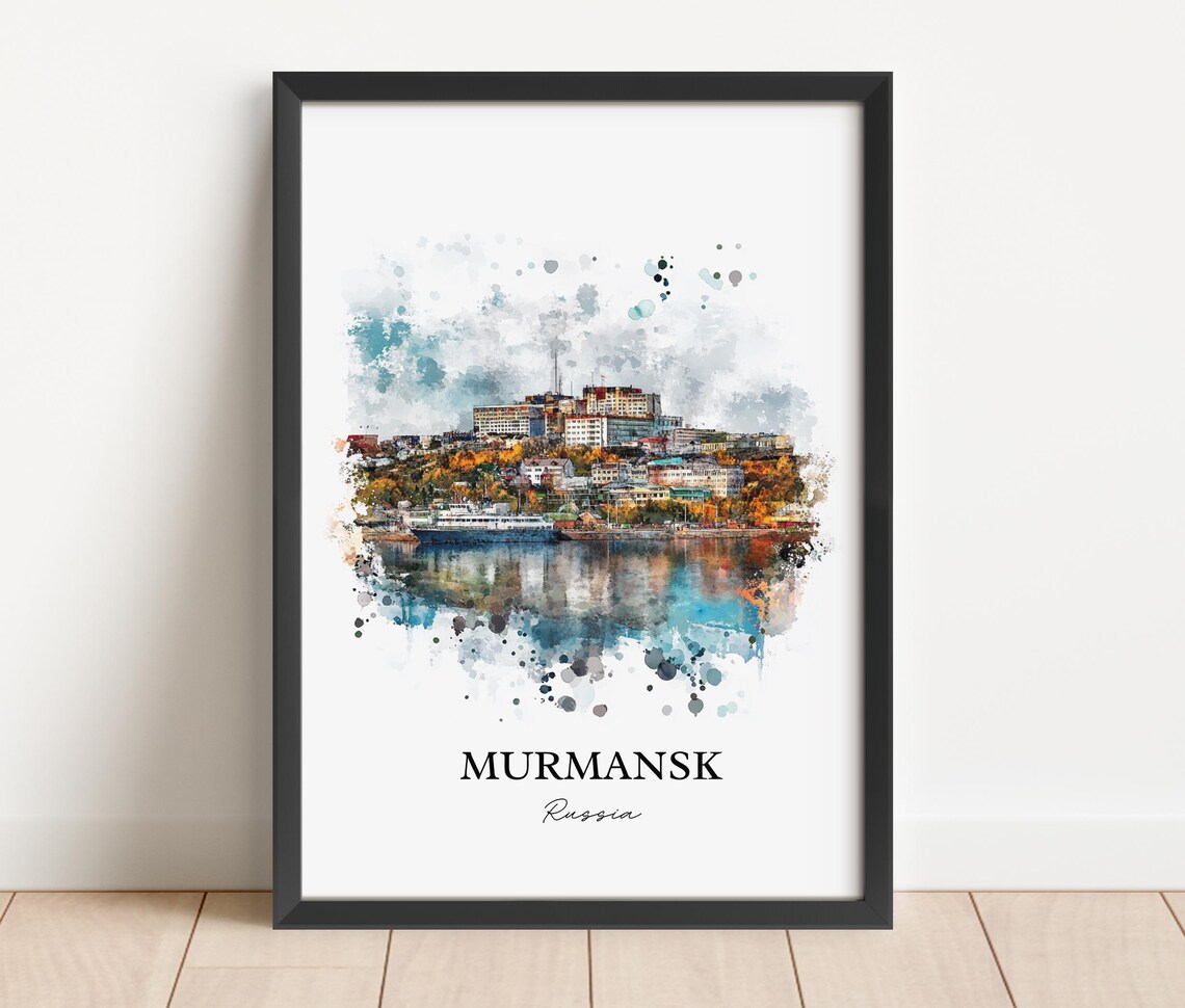 Murmansk Russia Watercolor Harbor City Arctic Scene Travel Poster - Image 2