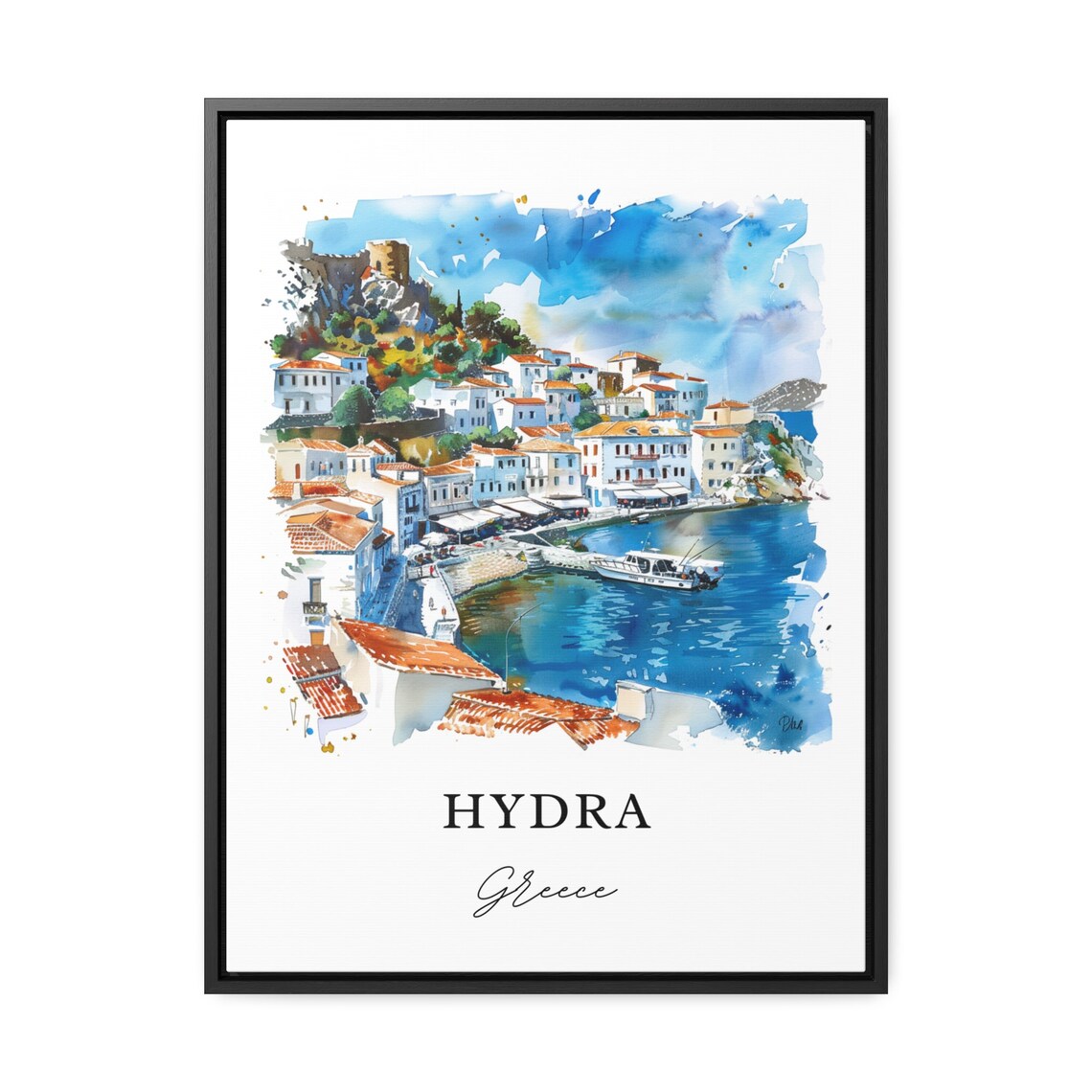 Hydra Greece Island Harbor Town Sparkling Watercolor Travel Poster - Image 3