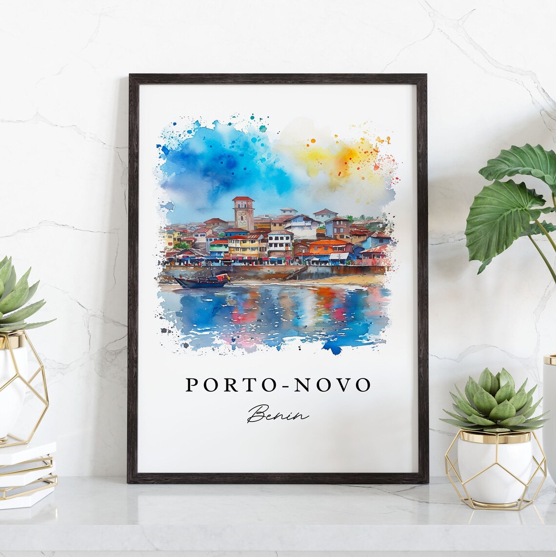Porto Novo Benin Waterfront Old Town Watercolor Travel Poster - Image 4