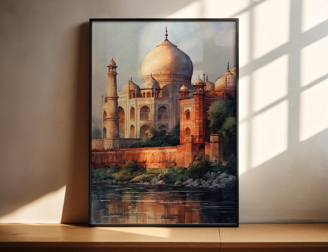 Agra India Watercolor Art Travel Print Artwork Skyline Decor Taj Mahal Wall