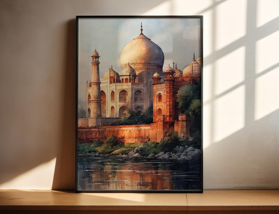 Agra India Watercolor Travel Poster Taj Mahal River View Art