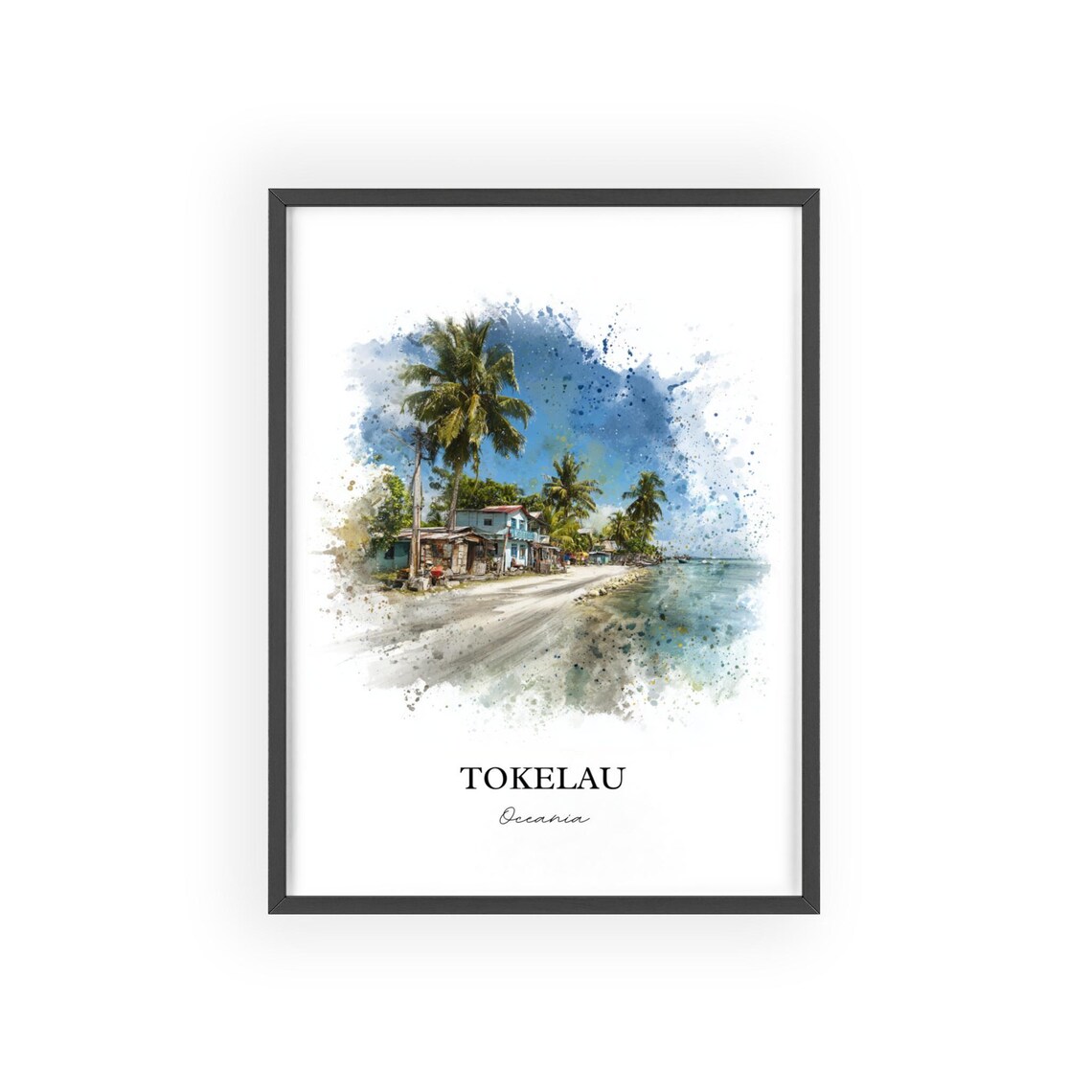 Tokelau Oceania Palm Trees Beachfront Watercolor Island Art Poster - Image 2