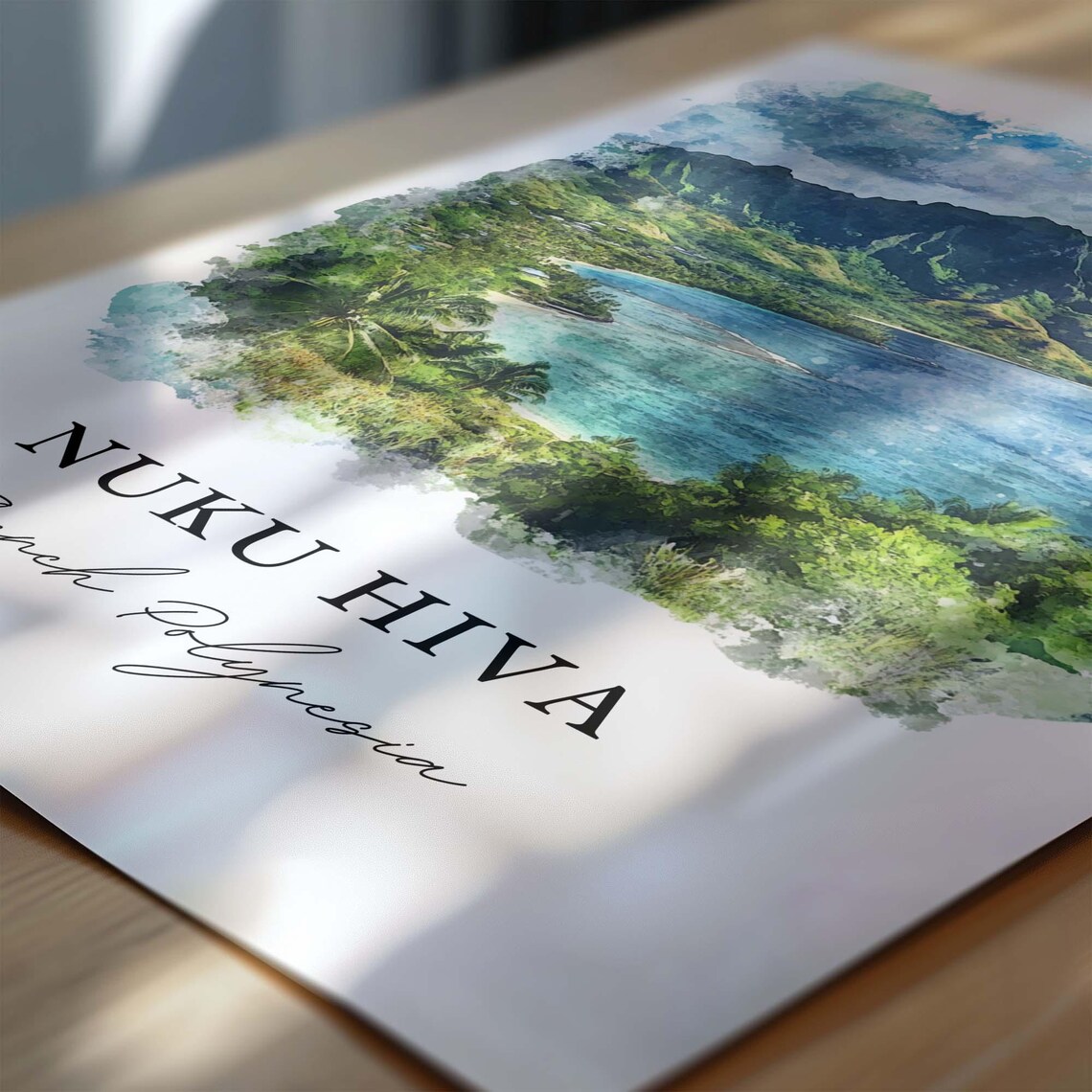 Nuku Hiva French Polynesia Lush Volcanic Island Bay Watercolor Poster - Image 4