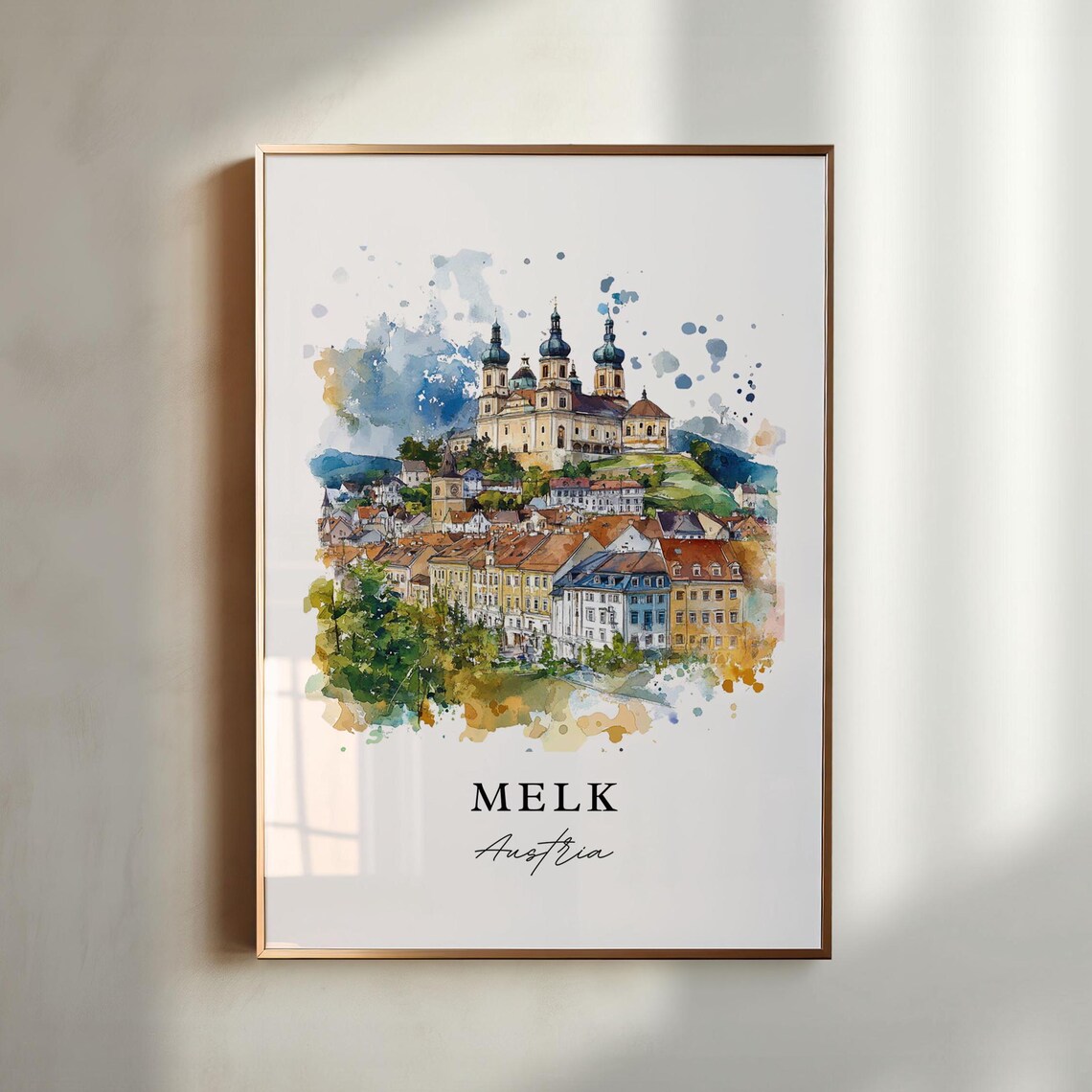 Melk Austria Danube Abbey Town Baroque Watercolor Travel Poster