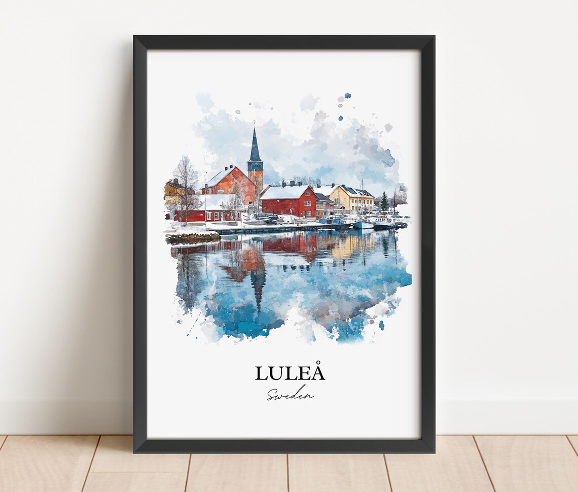 Luleå Sweden Harbor Reflection Watercolor Minimalist Travel Poster - Image 4