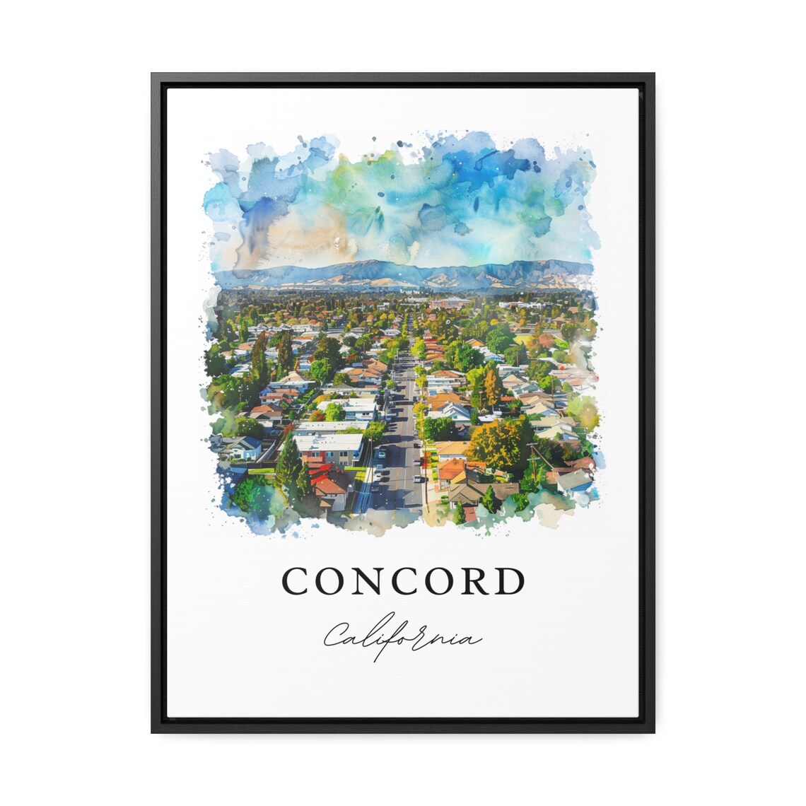 Concord California Watercolor Suburb Aerial Hills View Poster - Image 2