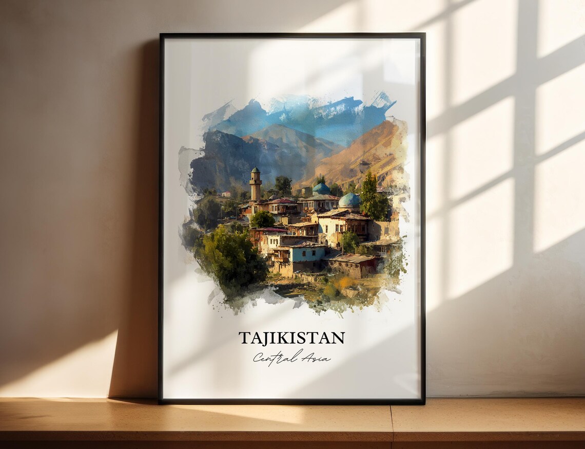 Tajikistan Central Asia Watercolor Art Mountain Village Mosque Poster