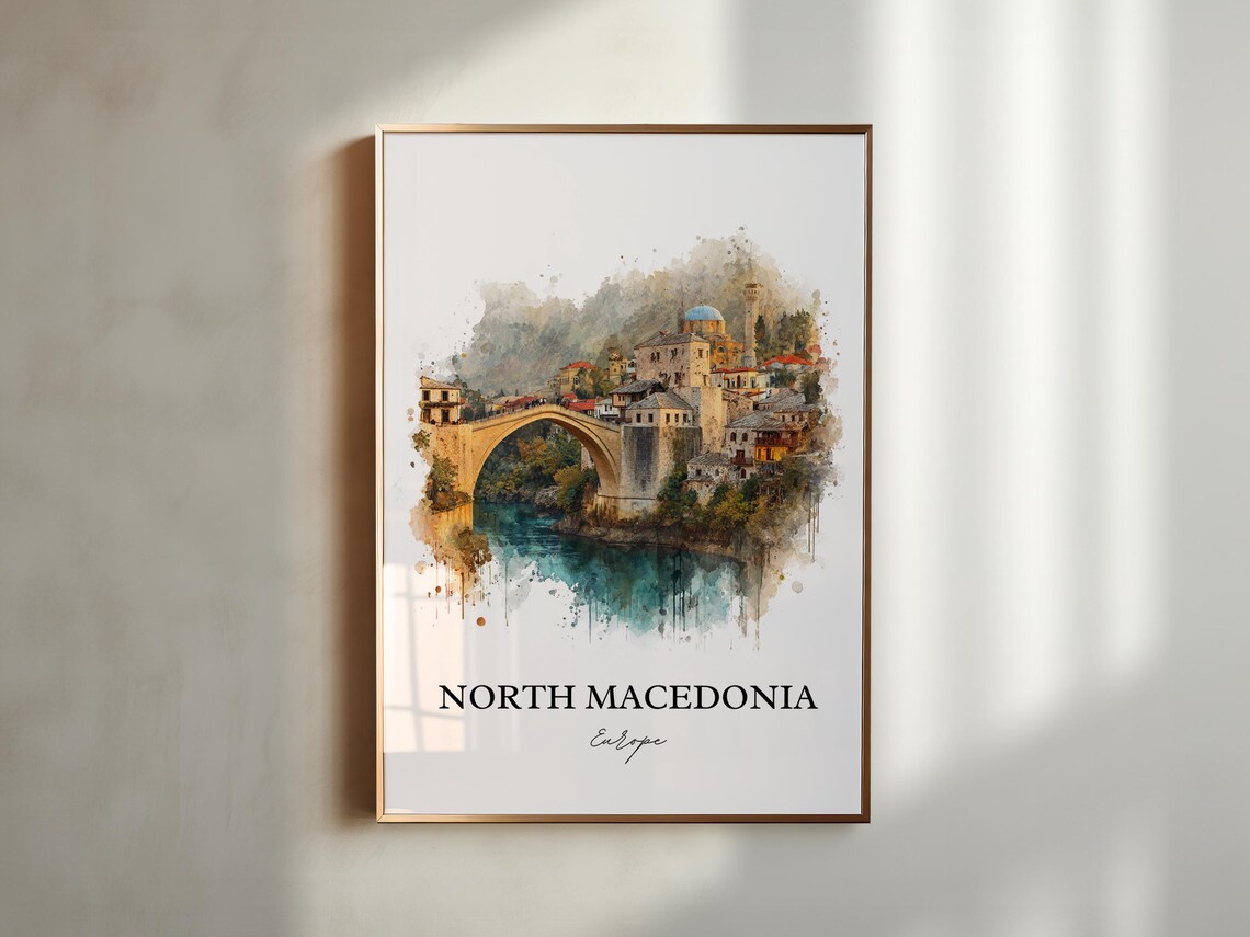 North Macedonia Europe Old Stone Bridge Watercolor Travel Poster - Image 4