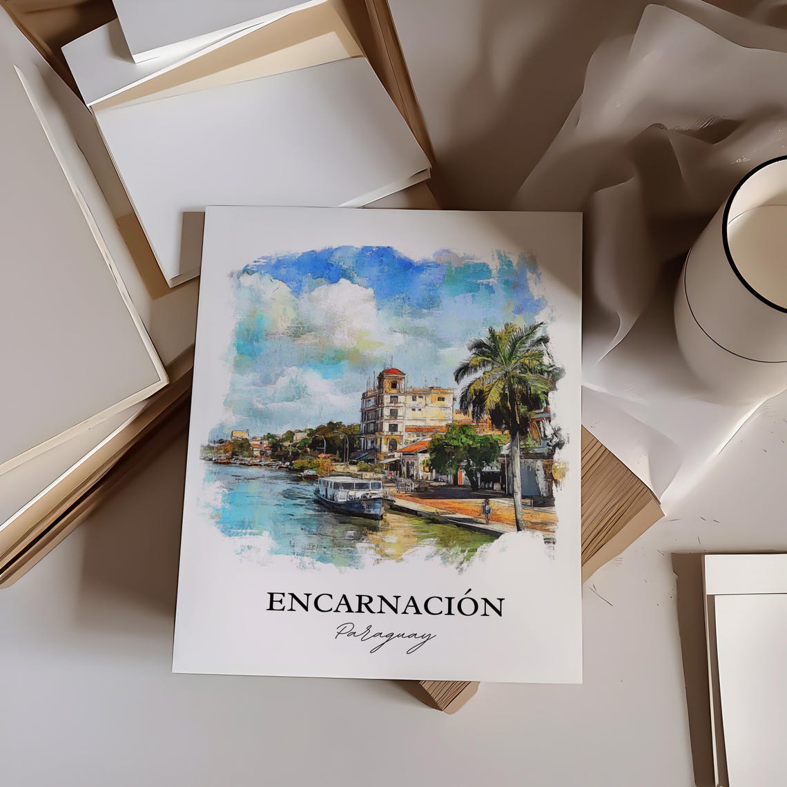 Encarnación Paraguay Watercolor Riverfront Boat Palms Poster - Image 4