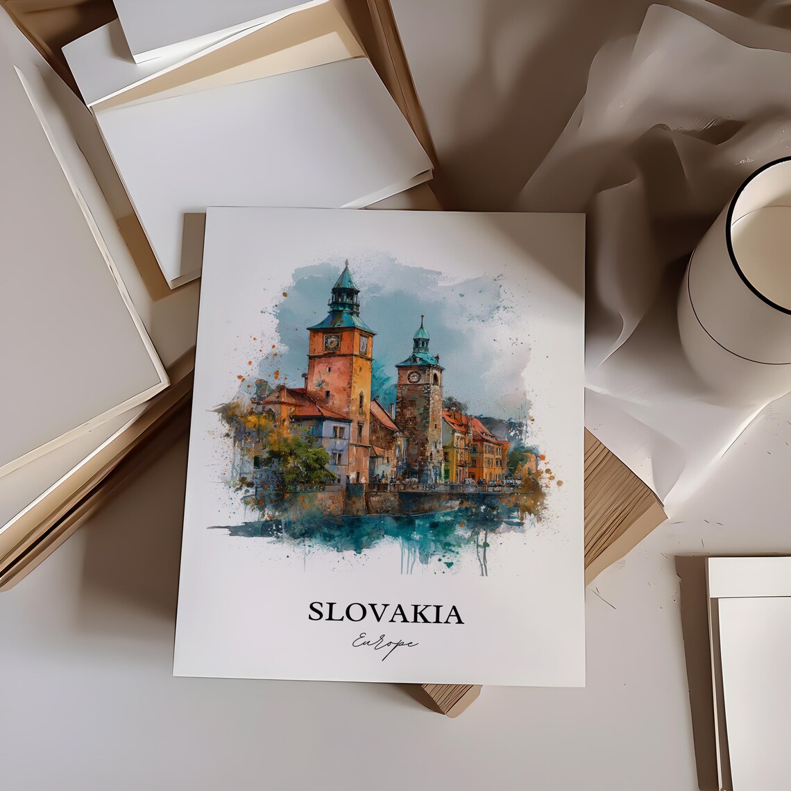 Slovakia Europe Twin Tower Old Town Watercolor Travel Poster - Image 2