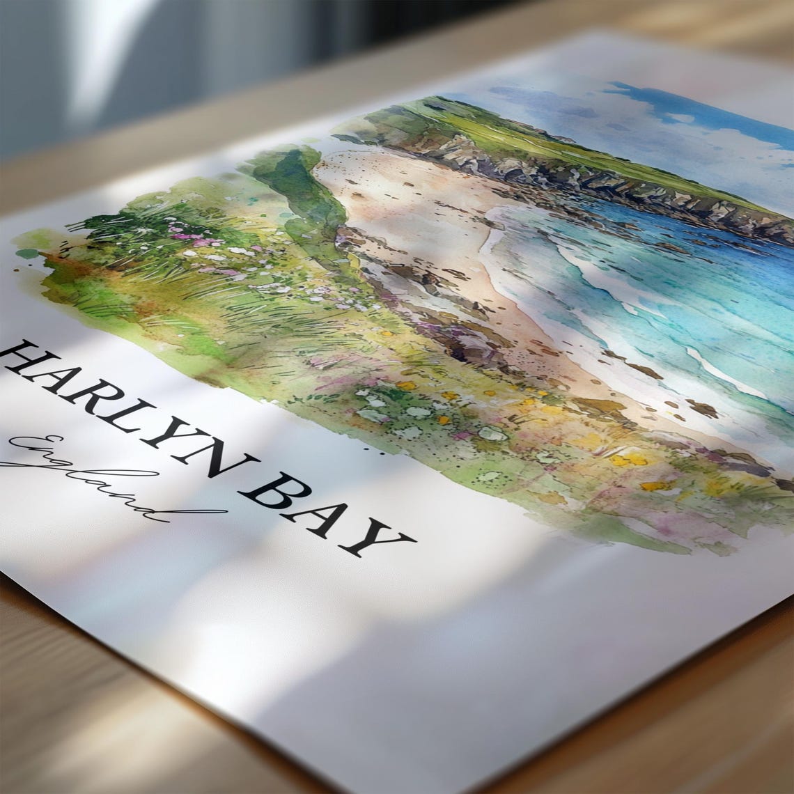 Harlyn Bay England Watercolor Beach Cliffs Turquoise Sea Coast Poster - Image 5