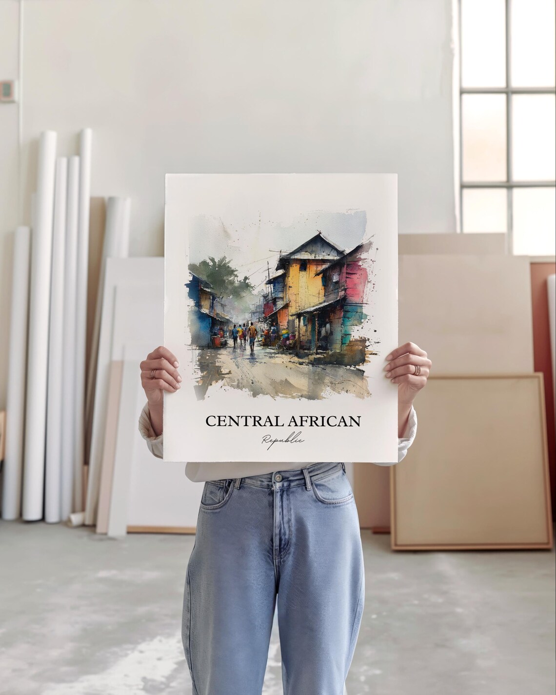 Central African Republic Market Street Watercolor Travel Poster - Image 3