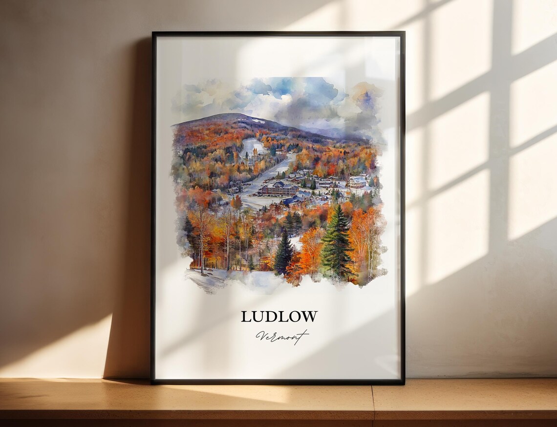 Ludlow Vermont Okemo Mountain Fall Foliage Watercolor Ski Poster