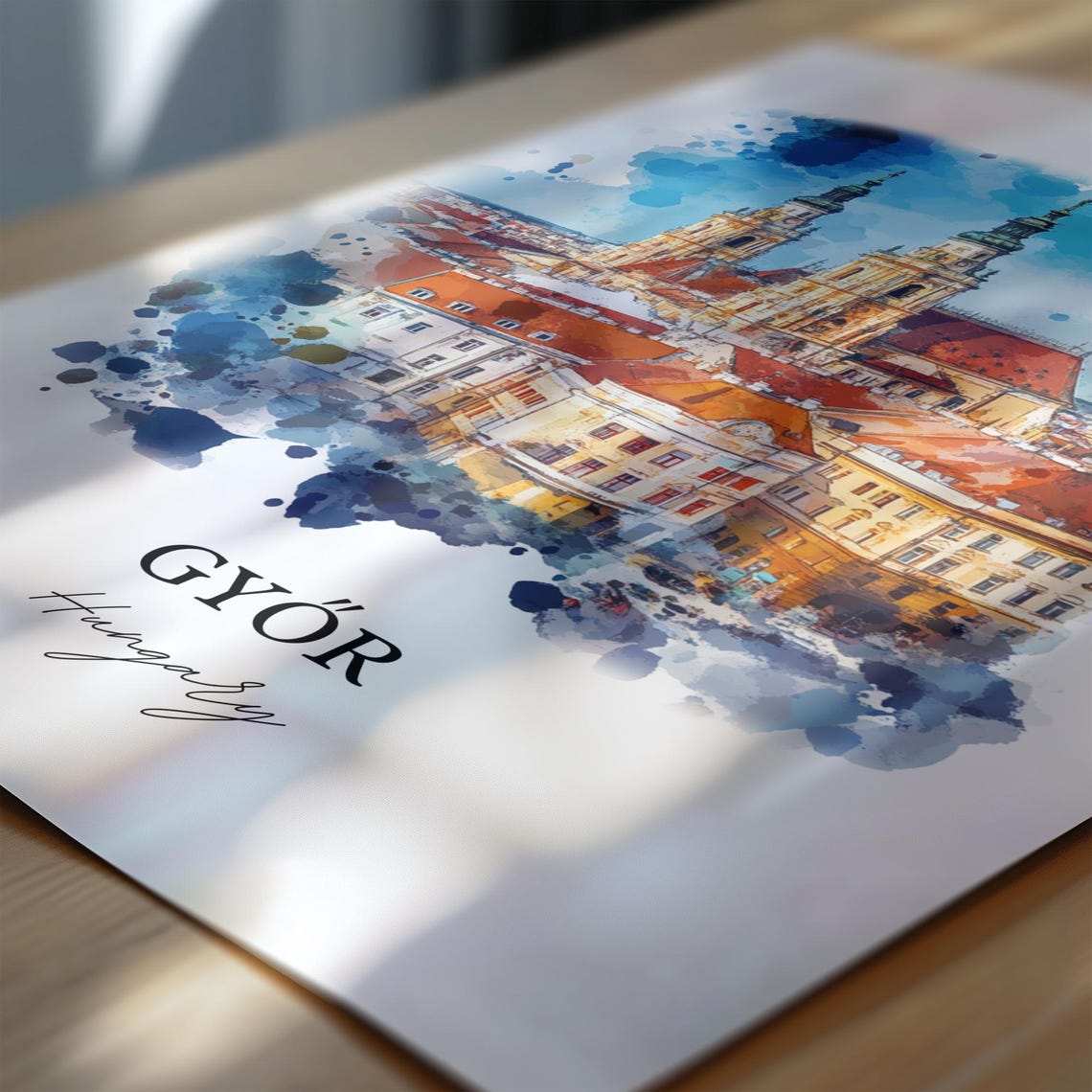 Gyor Hungary Watercolor Cathedral Twin Towers City Skyline Poster - Image 6