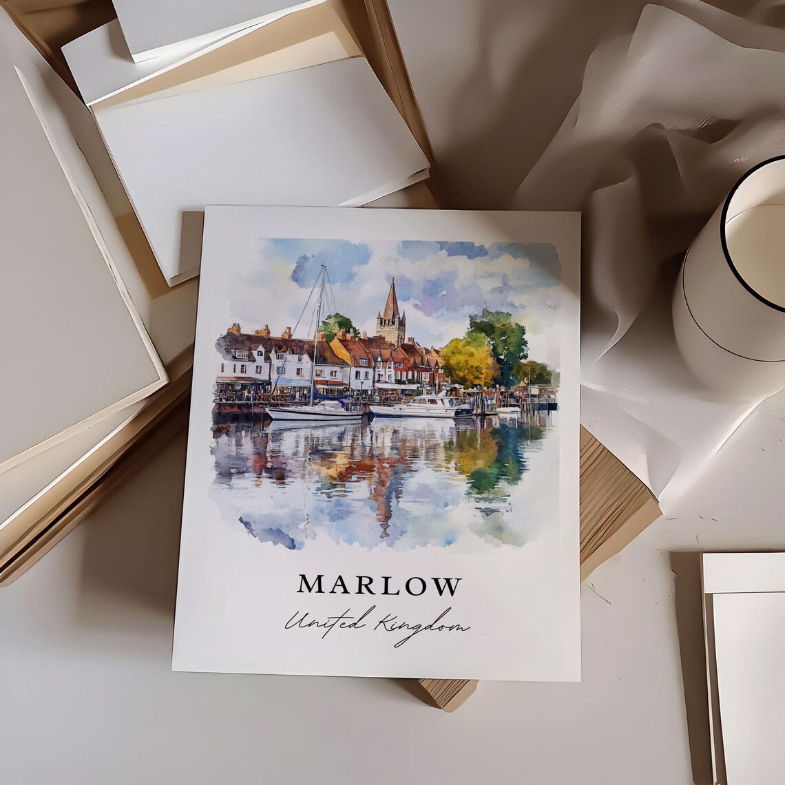 Marlow United Kingdom Watercolor Harbour Sailboats Town Poster - Image 6