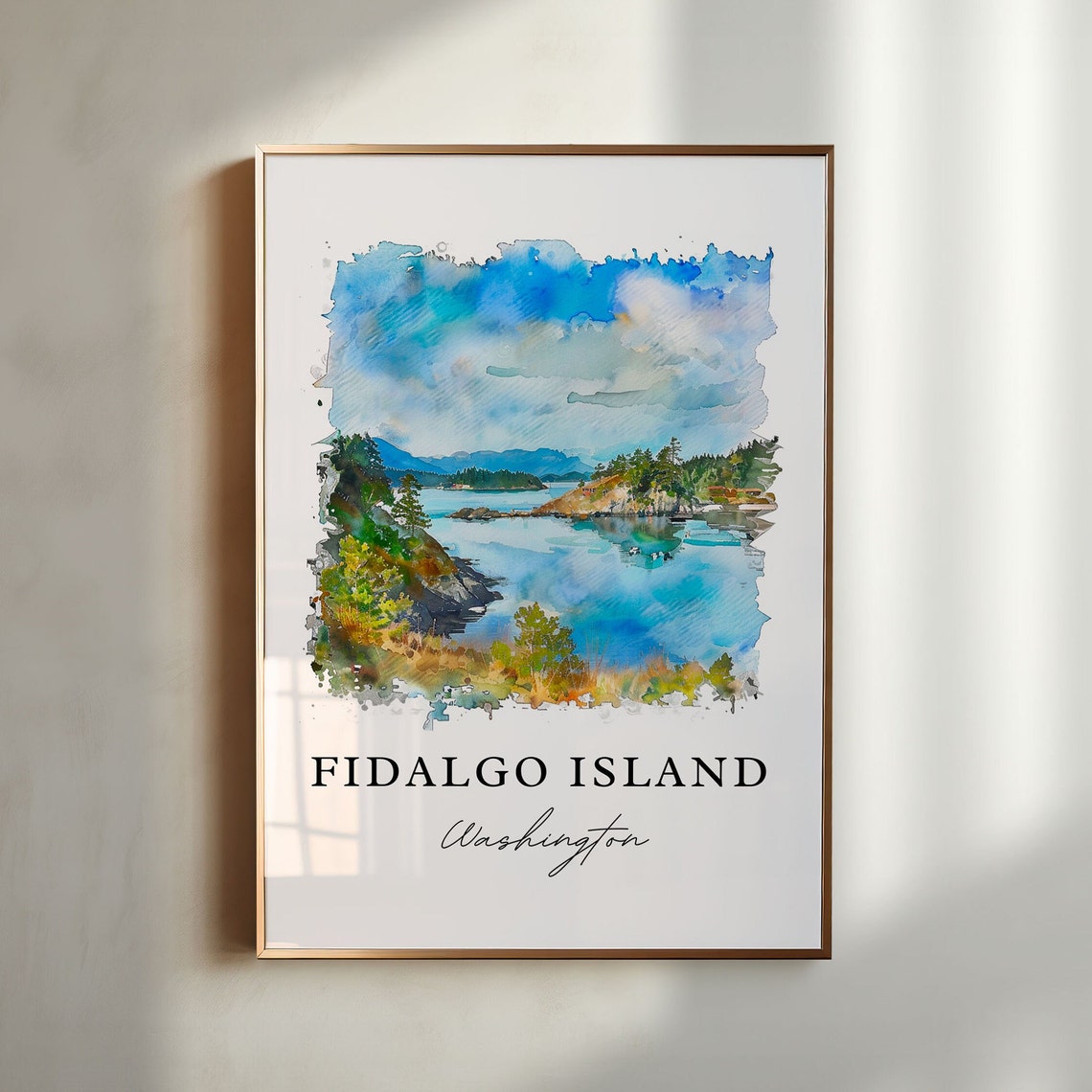 Fidalgo Island Washington Coastal Inlet Watercolor Nature Poster