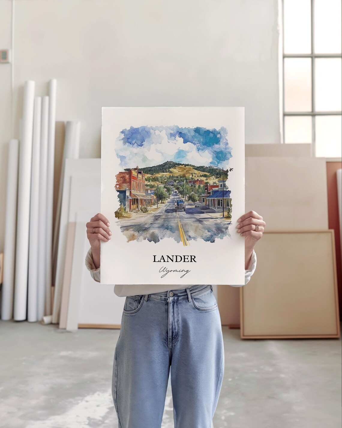 Lander Wyoming Western Main Street Foothills Watercolor Poster - Image 5