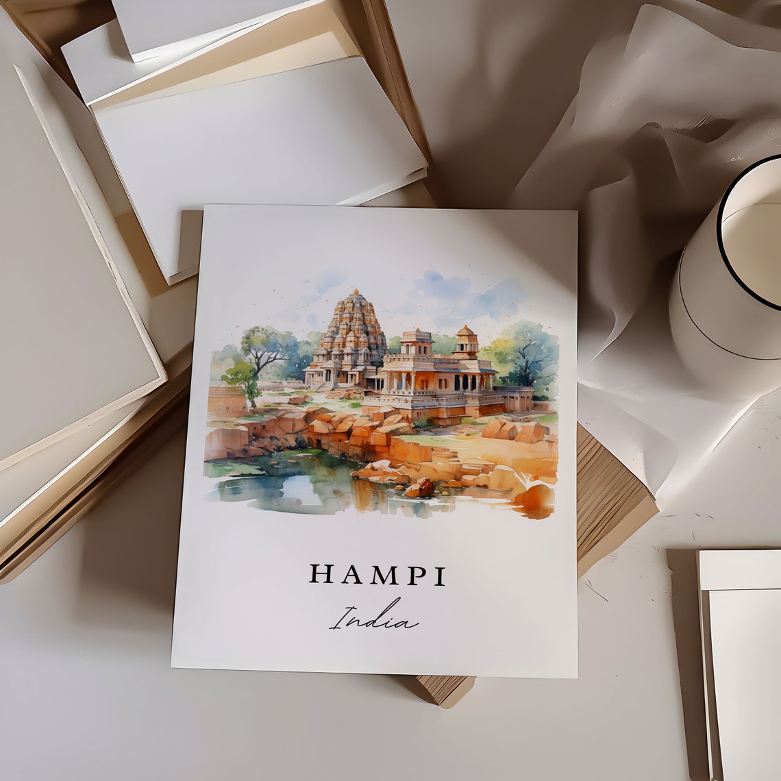 Hampi India Watercolor Ancient Stone Temple River Travel Poster - Image 7