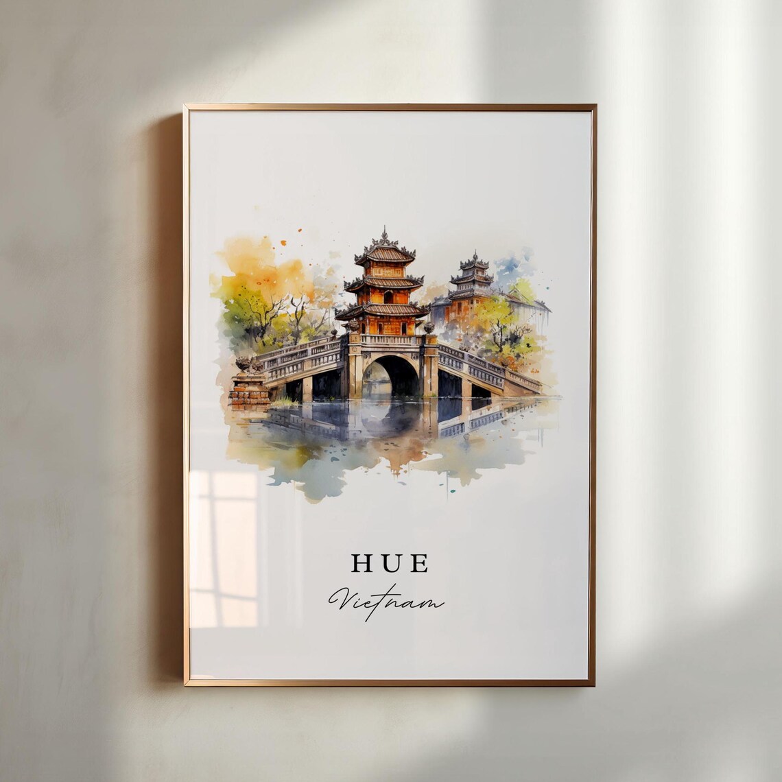 Hue Vietnam Watercolor Art Pagoda Bridge Imperial Old Town Poster