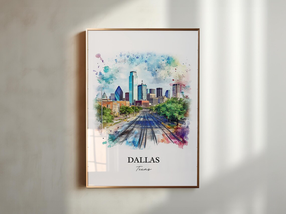Dallas Texas Skyline Railroad Tracks Watercolor City Art Poster - Image 5