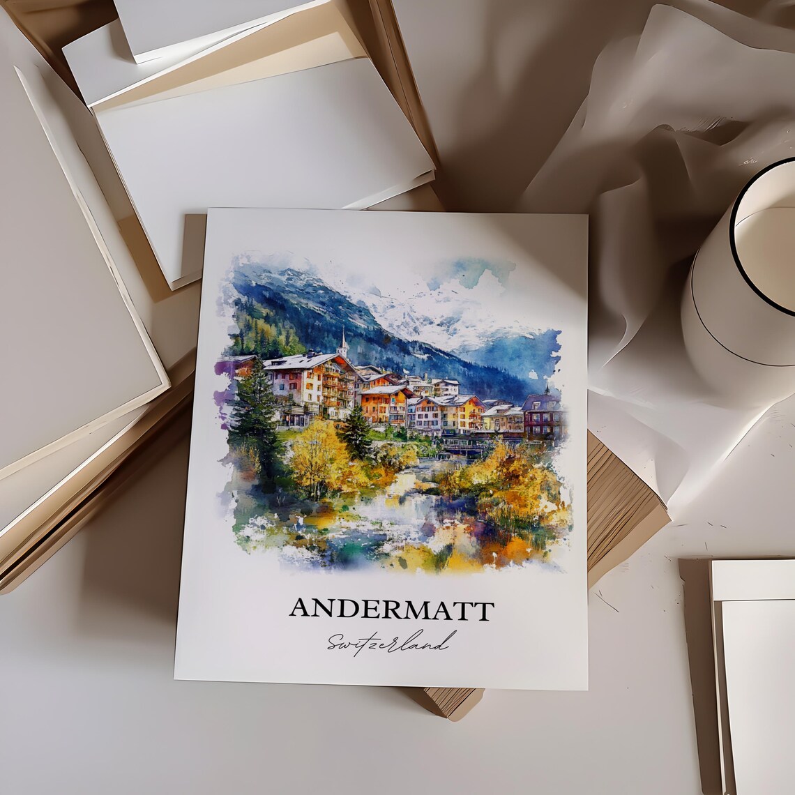 Andermatt Switzerland Alpine Village Watercolor Mountain Travel Poster - Image 4