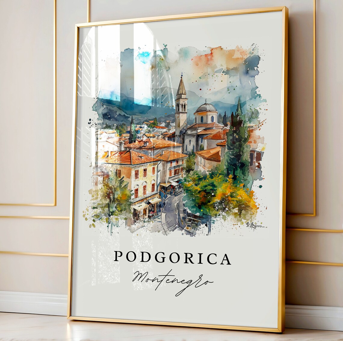 Podgorica Montenegro Old Town Church Watercolor Travel Poster - Image 4
