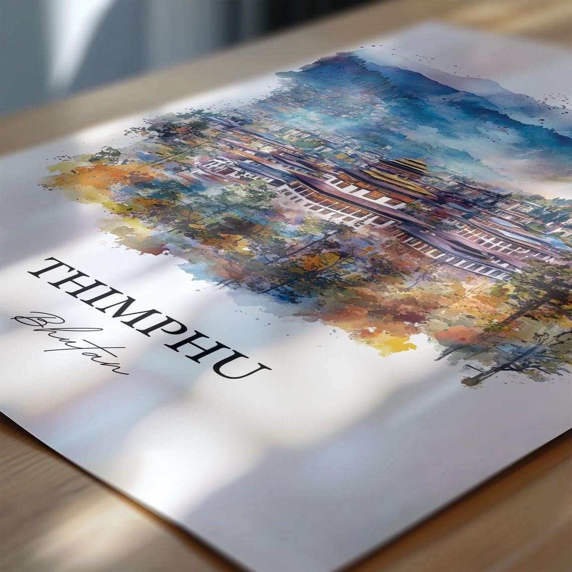 Thimphu Bhutan Watercolor Capital City Valley Dzong View Poster - Image 6