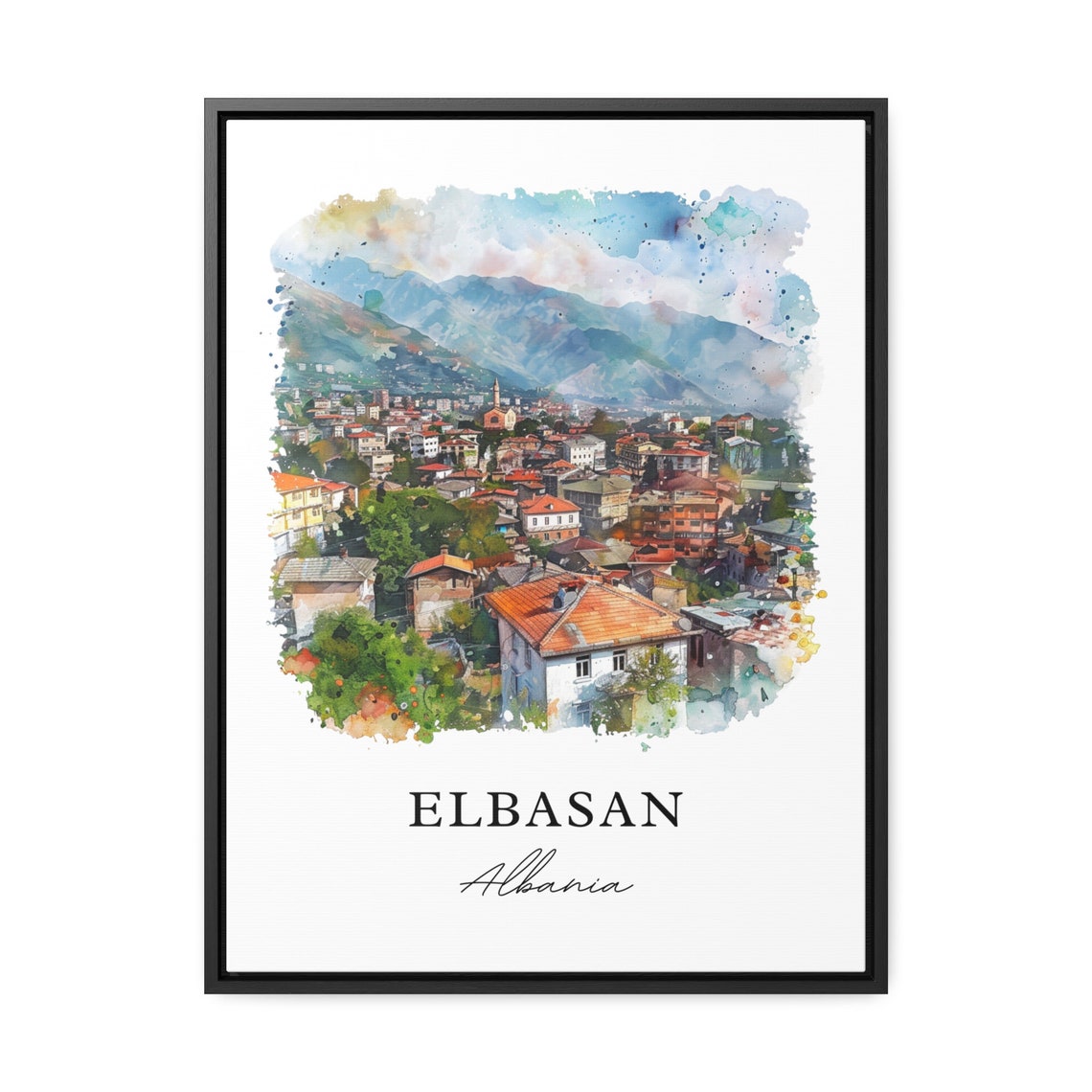 Elbasan Albania Mountain City Rooftops Watercolor Travel Poster - Image 3