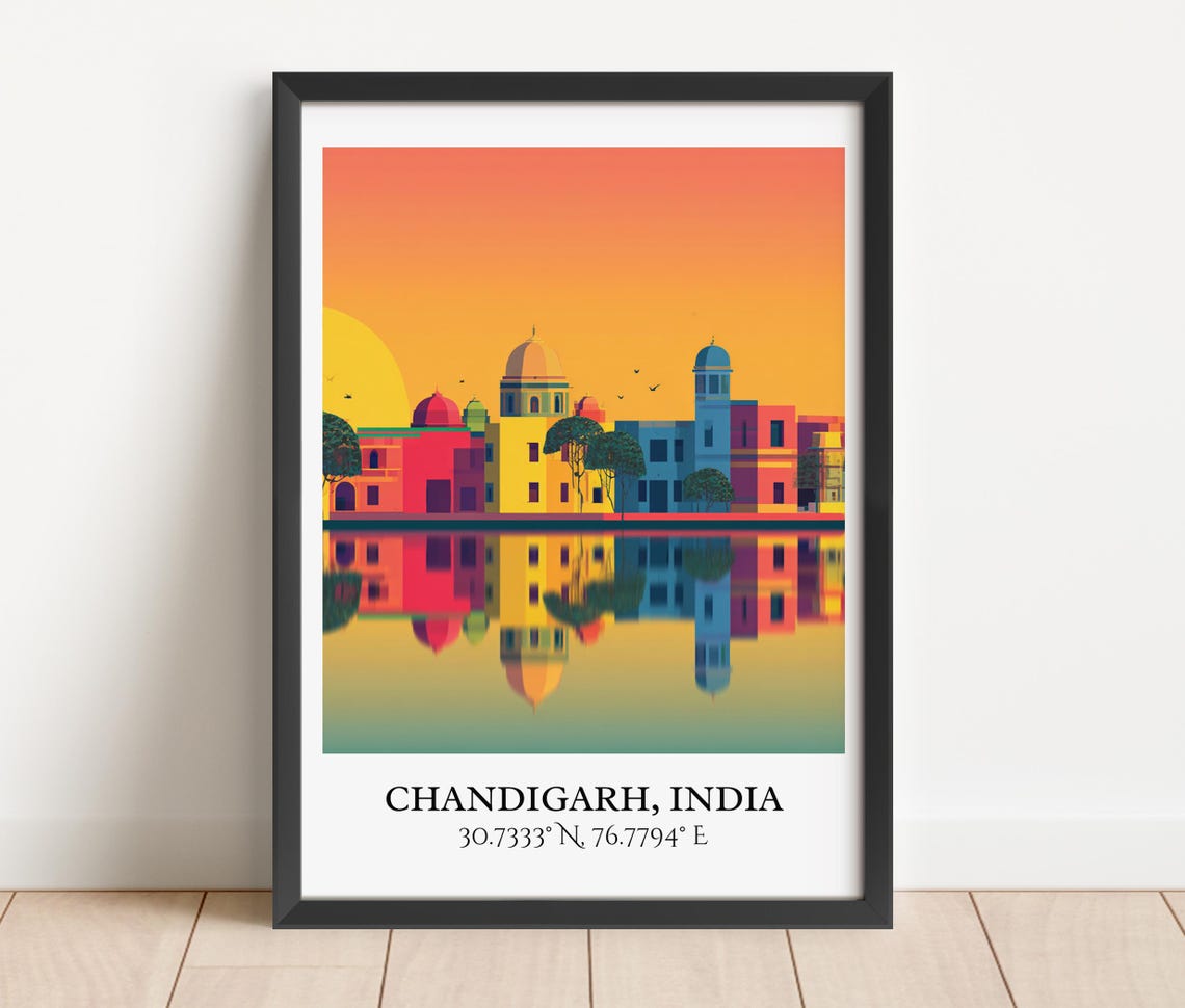 Chandigarh India Sunset Domes Water Reflection Retro Travel Poster - Image 3