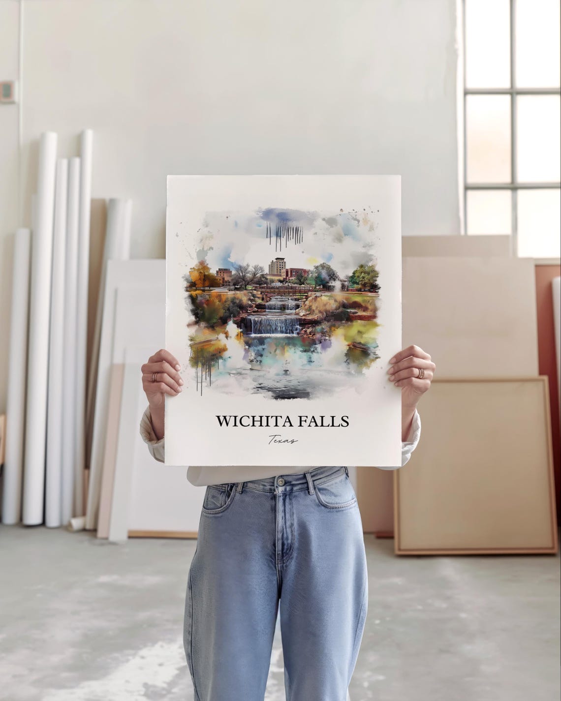 Wichita Falls Texas Downtown Waterfall Cityscape Watercolor Poster - Image 4