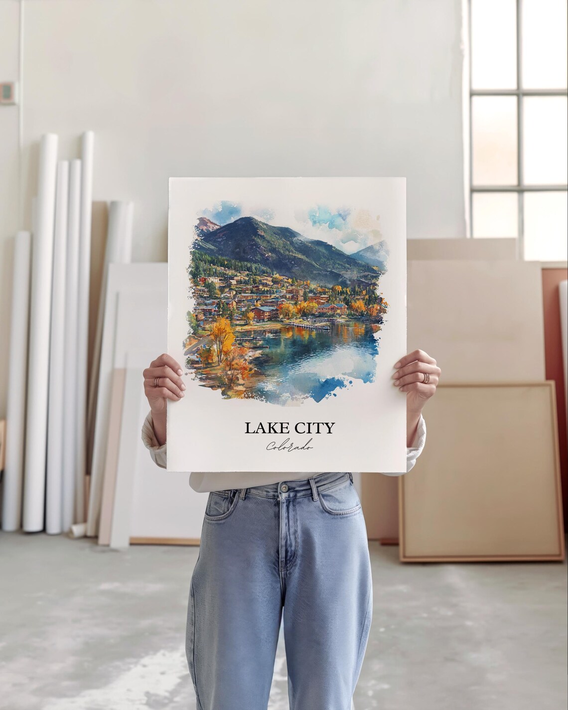 Lake City Colorado Watercolor Fall Lake Town Scene Art Poster - Image 3