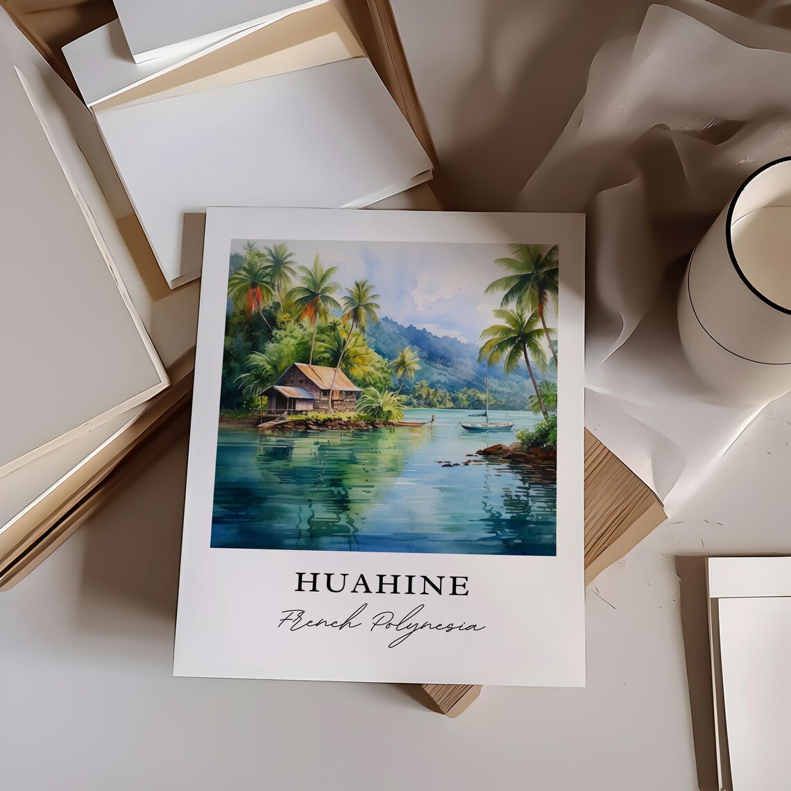 Huahine French Polynesia Watercolor Island Lagoon Sailboat Art Poster - Image 6