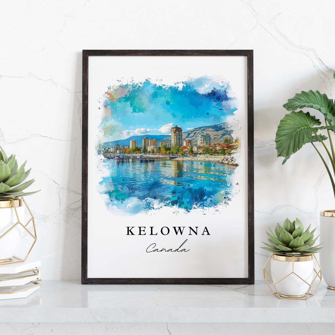 Kelowna Canada Watercolor Lakefront Skyline Mountains View Poster - Image 3