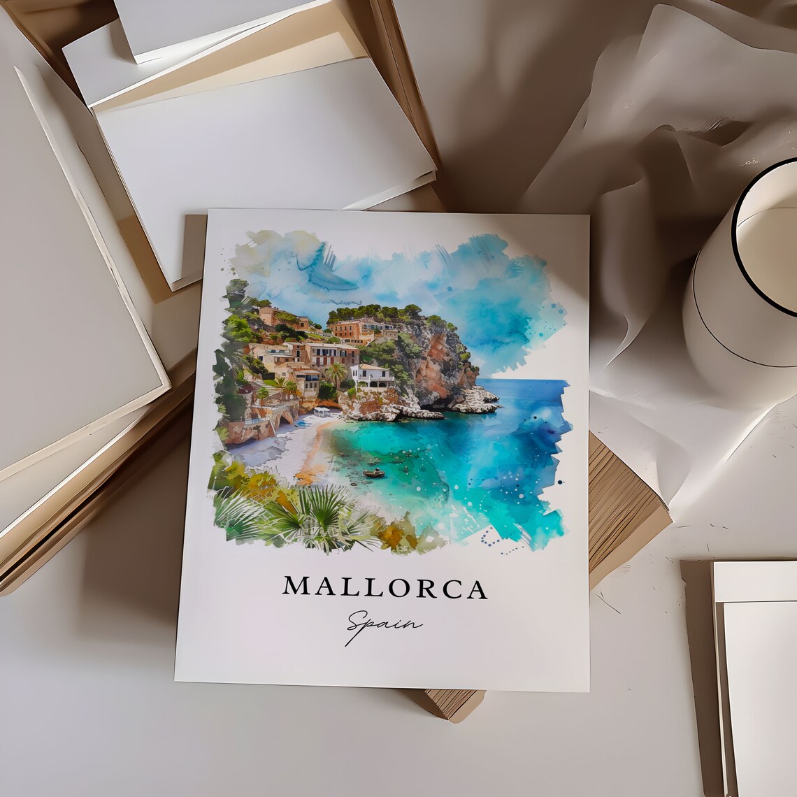 Mallorca Spain Watercolor Turquoise Cove Cliffs Beach Poster - Image 6