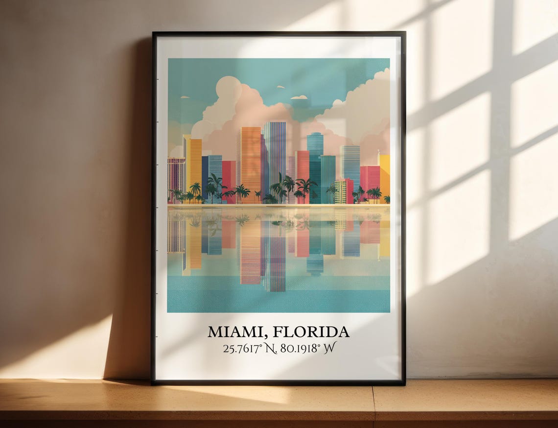 Miami Florida Skyline Palms Water Reflection Retro Travel Art Poster