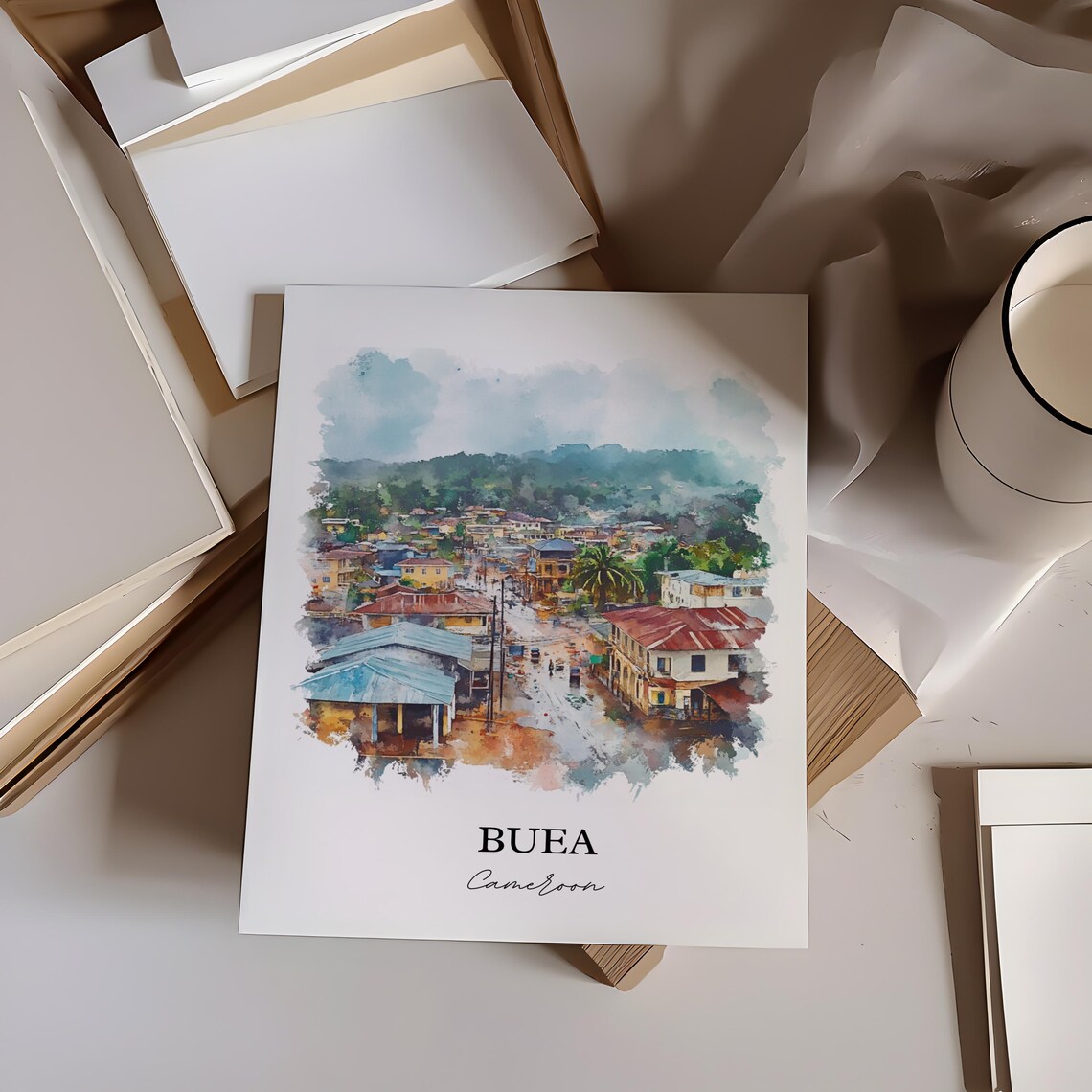 Buea Cameroon Hillside Town Watercolor Scenic Travel Poster Art - Image 4