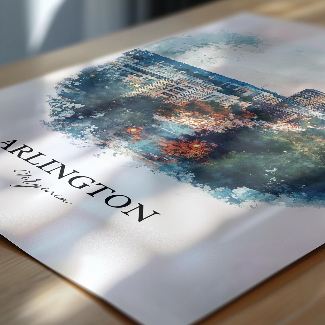 Arlington Virginia City Skyline Evening Lights Watercolor Poster - Image 6