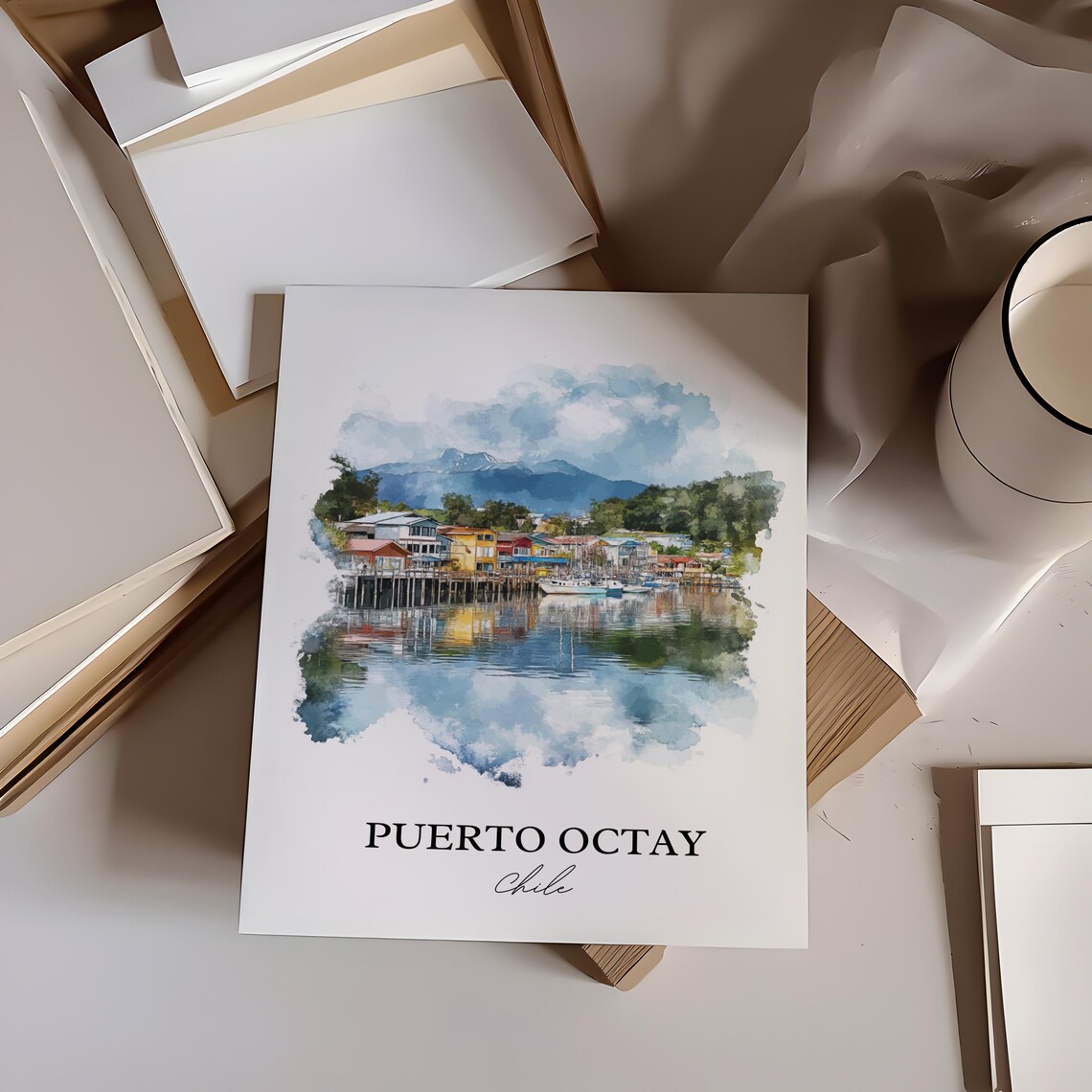 Puerto Octay Chile Watercolor Lakeside Village Boats Travel Poster - Image 2