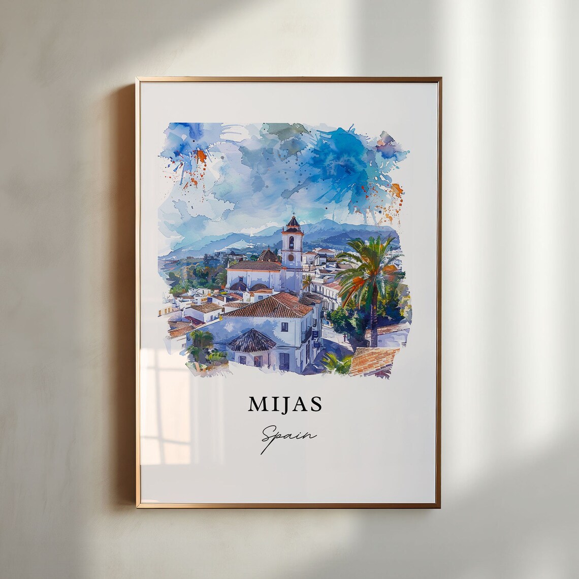 Mijas Spain Watercolor Whitewashed Village Church Palm Trees Poster