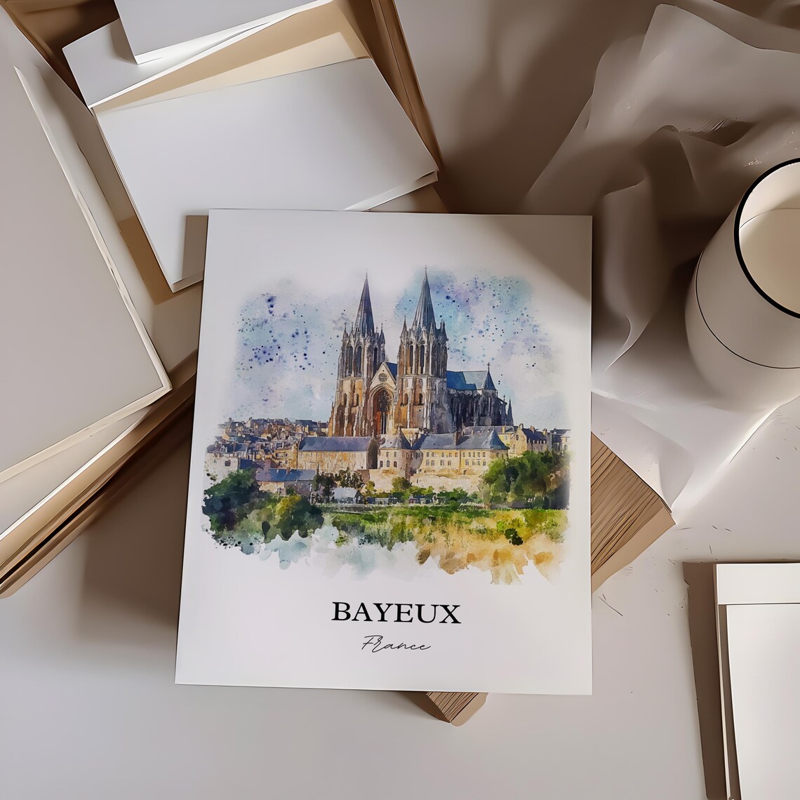 Bayeux France Cathedral Twin Spires Watercolor Cityscape Poster - Image 3