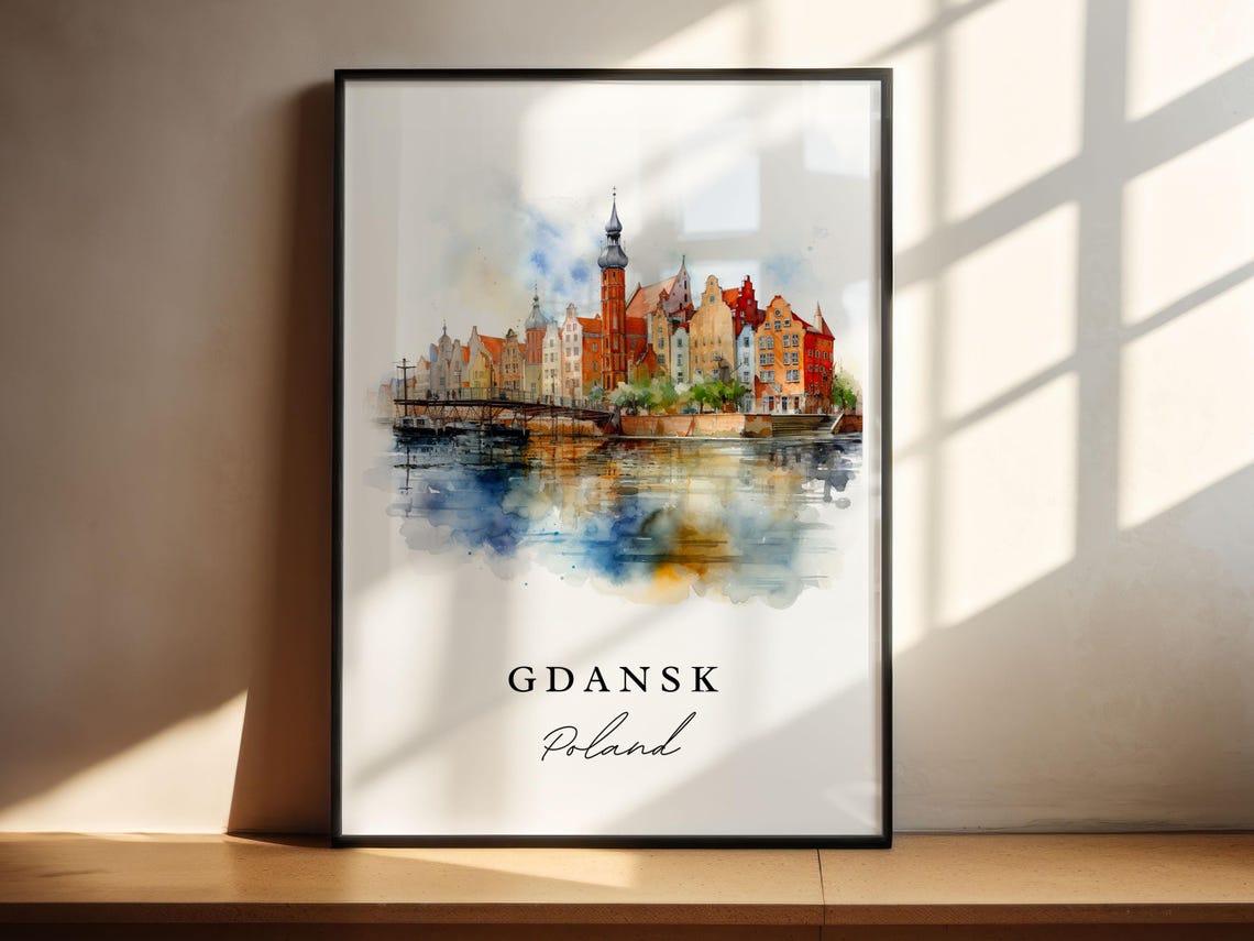 Gdansk Poland Waterfront Old Town Watercolor River Reflection Poster - Image 5