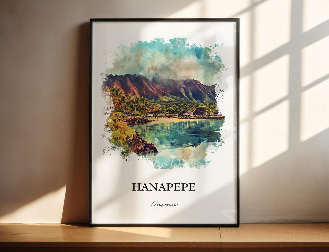 Hanapepe Hawaii Palm Lined Waterfront Mountain Ridge Watercolor Poster