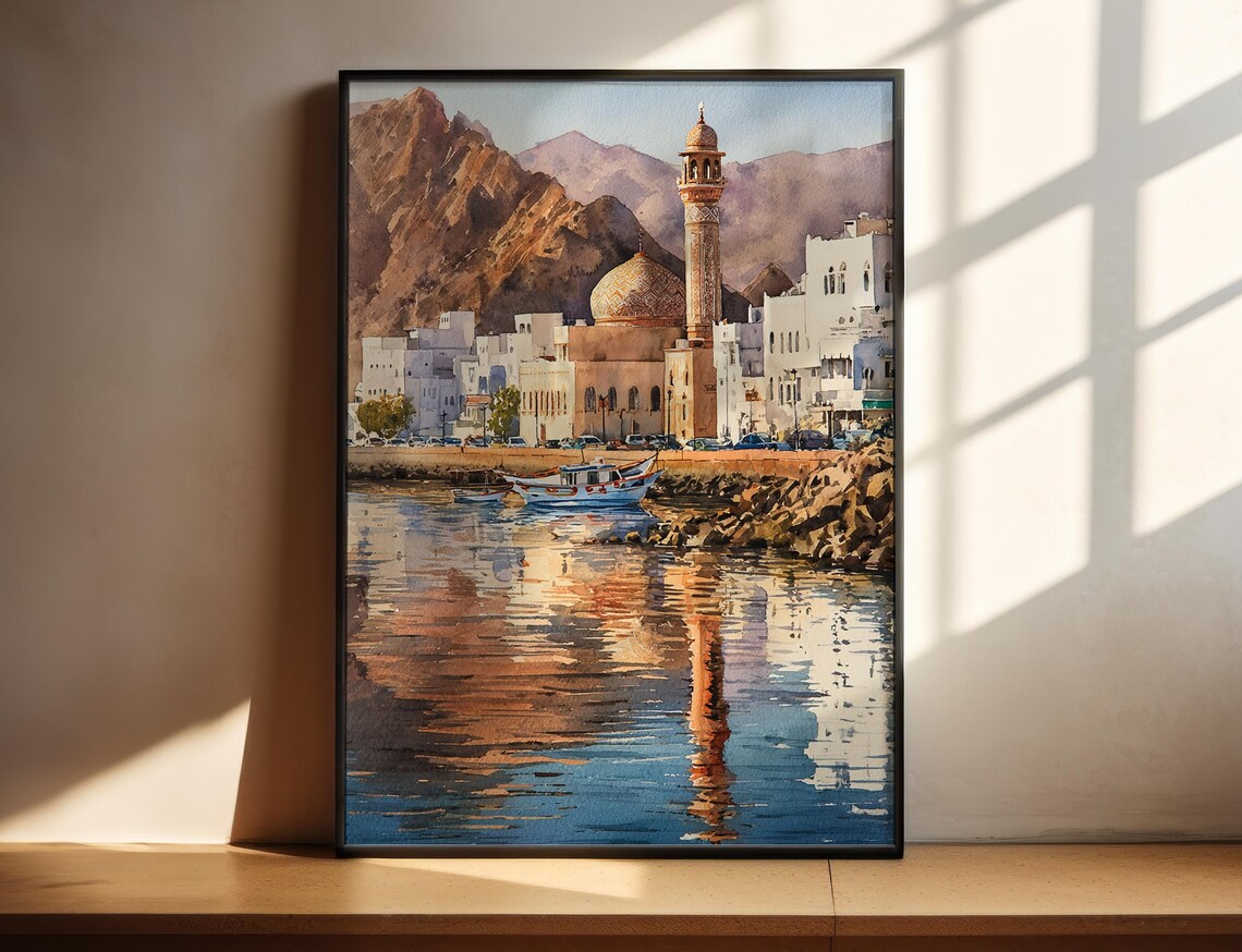 Mosque Harbor Watercolor Coastal Old City Scene Painted Art Poster